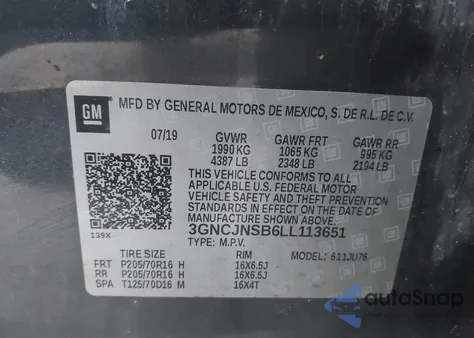 2020 Chevrolet Trax Awd Ls из США, поврежденный, VIN 3GNCJNSB6LL113651